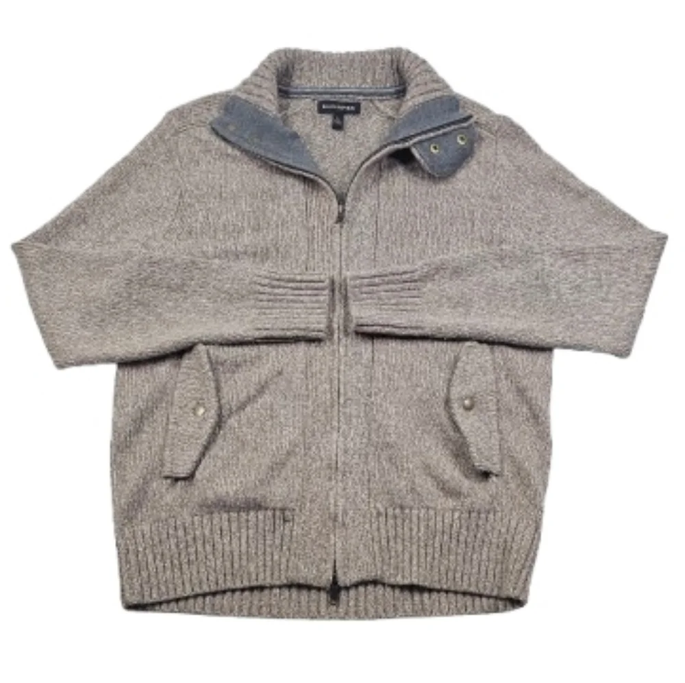Banana Republic Lambs Wool Blend Variegated Taupe Tan Gray Knit Full Zip Sweater